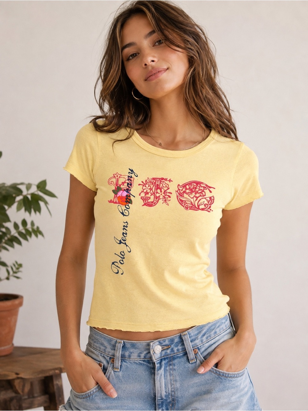 Ralph Lauren Pollo Jeans & company vintage Yellow Tee with red Floral Script